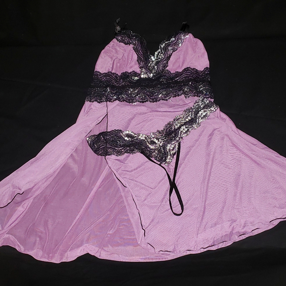 Purple Mesh Babydoll Chemise Negligee Lingerie with matching G-string